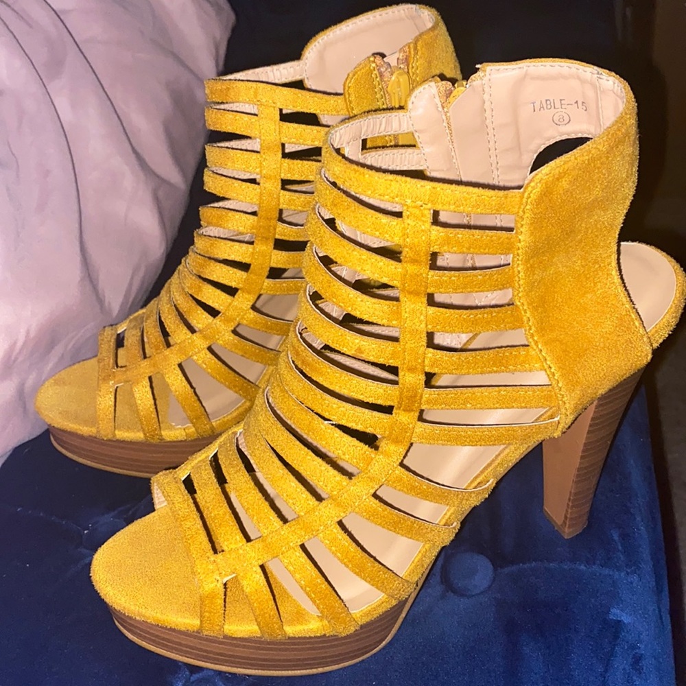 Strapped mustard colored heels